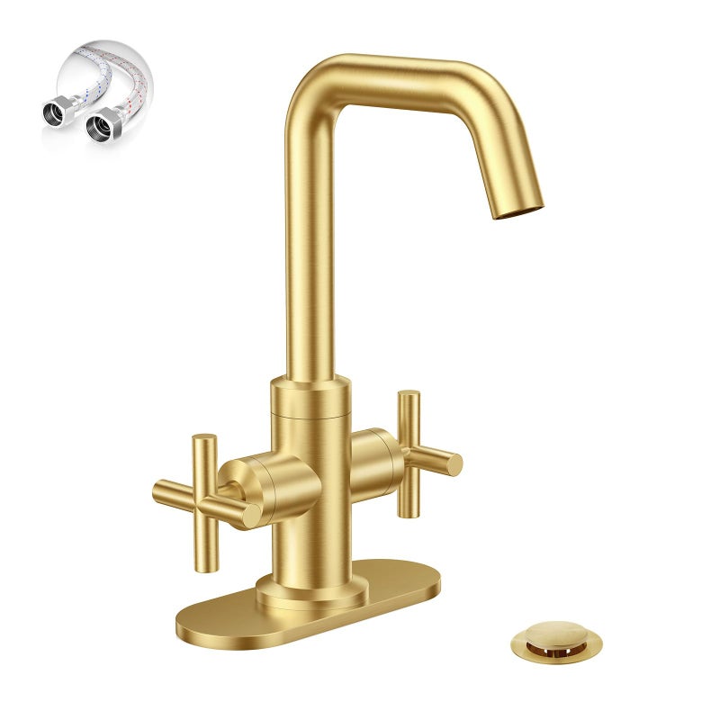 Phiestina Brushed Gold 2-Handle 4 Inch Centerset Single Hole Bathroom Faucet with Drain,Deck Plate and Supply Hoses, Fit for 1 or 3 Hole, SGF002-10-BG - Image 1